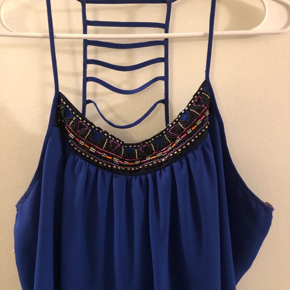 Beautiful beaded, blue, low-back tank top